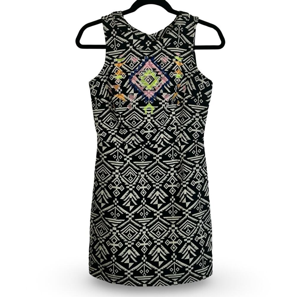 Ligali Tribal Print Beaded Sheath Dress Size Small Embroidered‎ Cut Out Boho